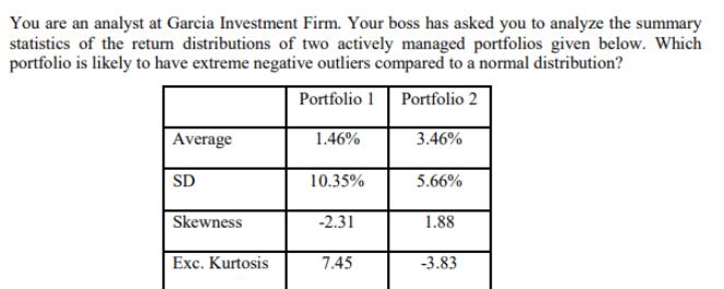 You are an analyst at Garcia Investment Firm. Your boss has asked you to analyze the summary statistics of