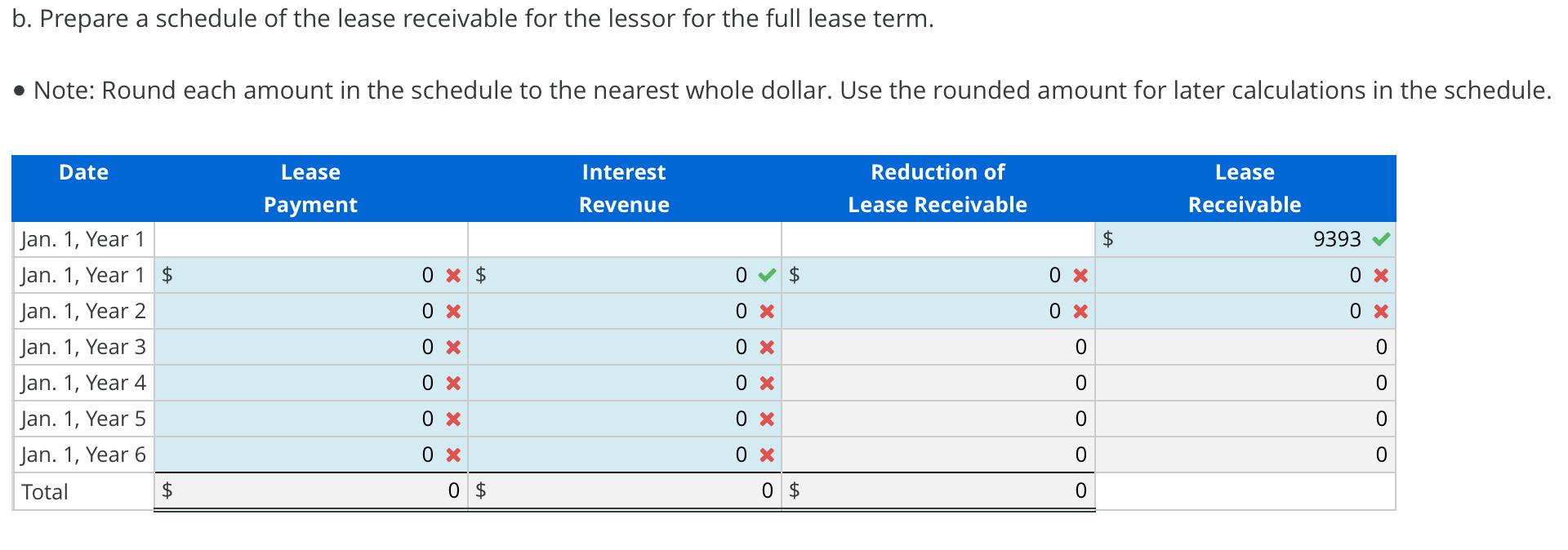 b. Prepare a schedule of the lease receivable for the lessor for the full lease term. - Note: Round each amount in the schedu