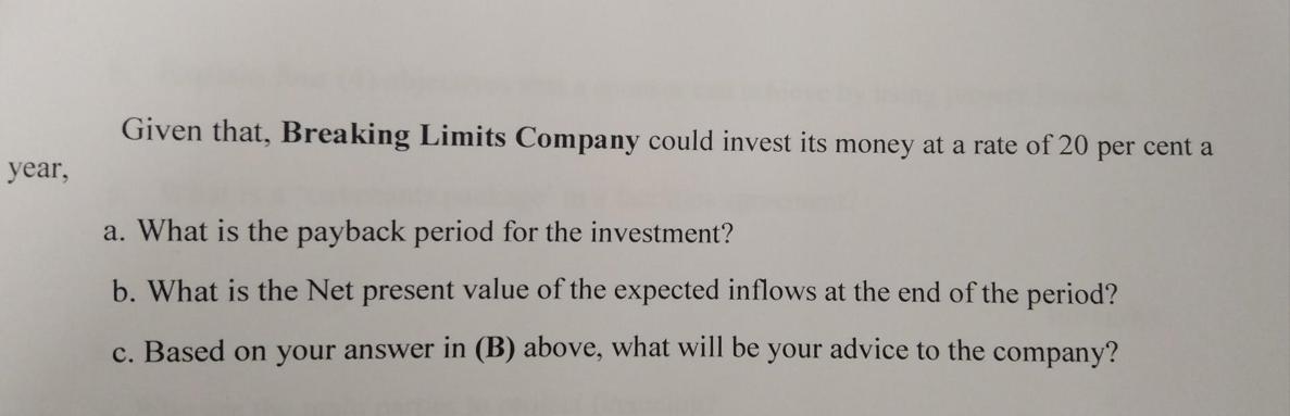 year, Given that, Breaking Limits Company could invest its money at a rate of 20 per cent a a. What is the