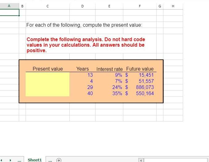 A ... B C Present value Sheet1 For each of the following, compute the present value: D Complete the following