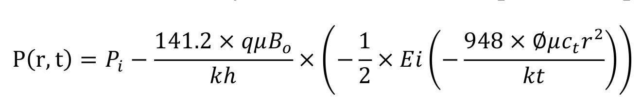 ( mathrm{P}(mathrm{r}, mathrm{t})=P_{i}-frac{141.2 times q mu B_{o}}{k h} timesleft(-frac{1}{2} times E ileft(-f