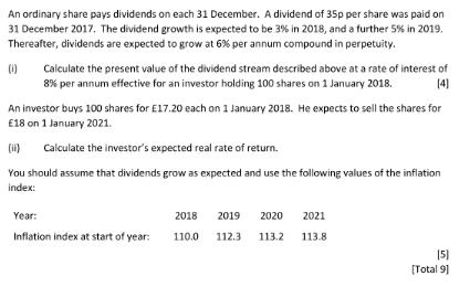 An ordinary share pays dividends on each 31 December. A dividend of 35p per share was paid on 31 December