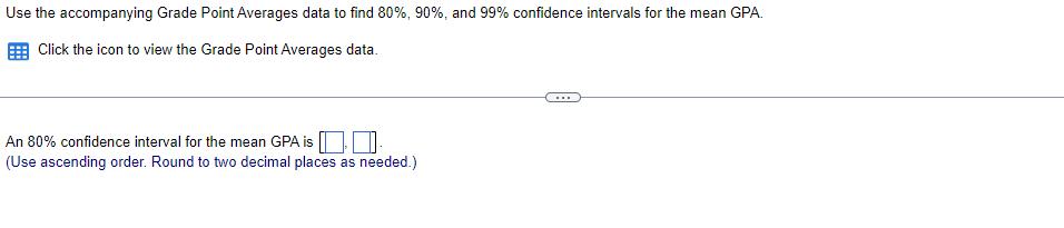 Use the accompanying Grade Point Averages data to find ( 80 %, 90 % ), and ( 99 % ) confidence intervals for the mean