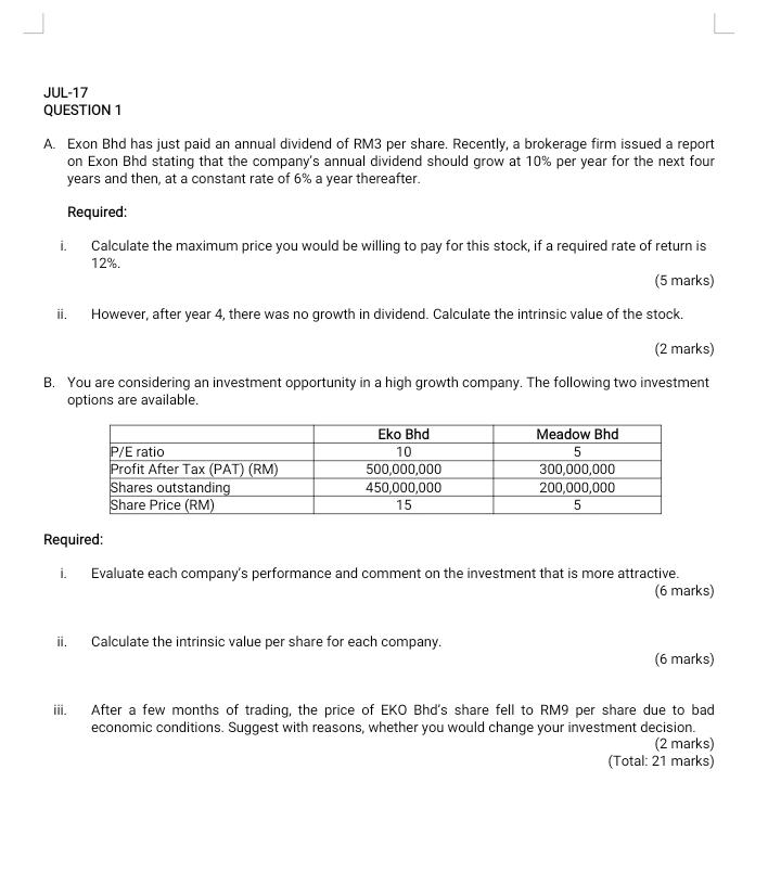 JUL-17 QUESTION 1 A. Exon Bhd has just paid an annual dividend of RM3 per share. Recently, a brokerage firm