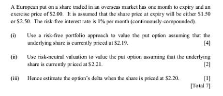 A European put on a share traded in an overseas market has one month to expiry and an exercise price of