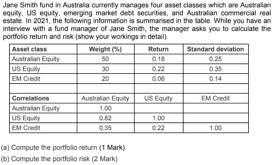 Jane Smith fund in Australia currently manages four asset classes which are Australian equity, US equity,