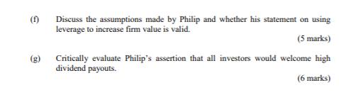 (g) Discuss the assumptions made by Philip and whether his statement on using leverage to increase firm value