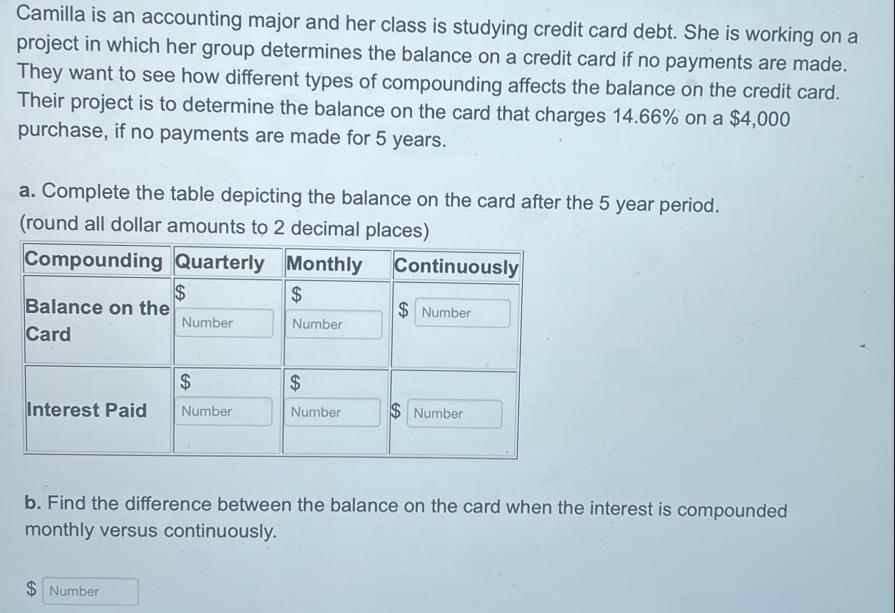 Camilla is an accounting major and her class is studying credit card debt. She is working on a project in