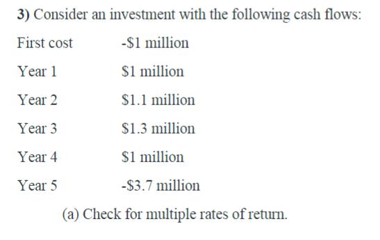 3) Consider an investment with the following cash flows: