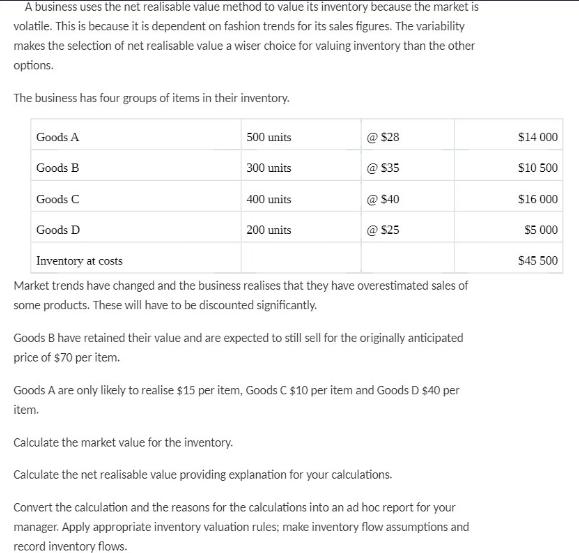 A business uses the net realisable value method to value its inventory because the market is volatile. This