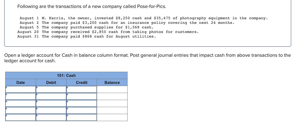 Following are the transactions of a new company called Pose-for-Pics. August 1 M. Harris, the owner, invested