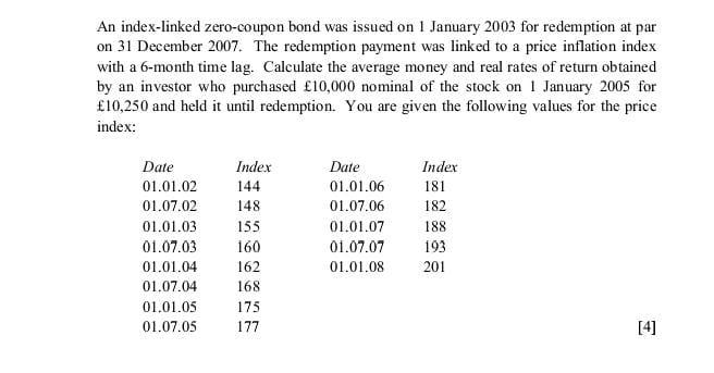 An index-linked zero-coupon bond was issued on 1 January 2003 for redemption at par on 31 December 2007. The