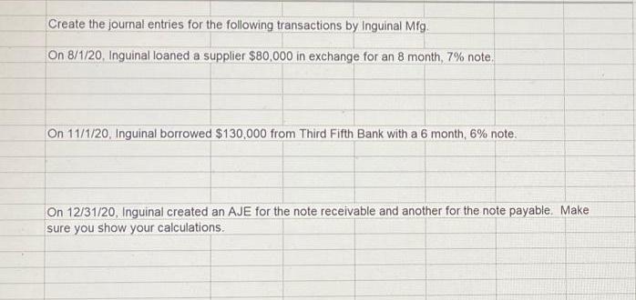 Create the journal entries for the following transactions by Inguinal Mfg. On 8/1/20, Inguinal loaned a