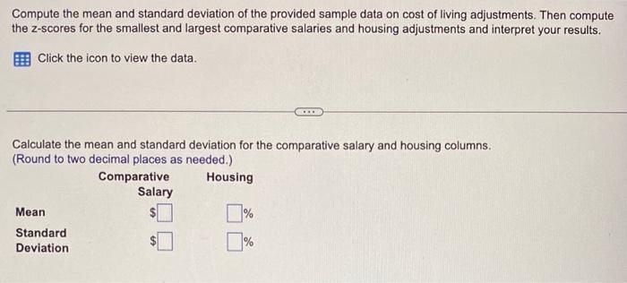 Compute the mean and standard deviation of the provided sample data on cost of living adjustments. Then compute the z-scores