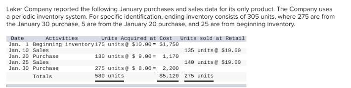 Laker Company reported the following January purchases and sales data for its only product. The Company uses