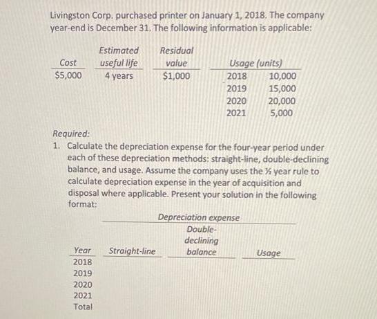 Livingston Corp. purchased printer on January 1, 2018. The company year-end is December 31. The following