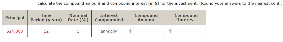 calculate the compound amount and compound interest (in $) for the investment. (Round your answers to the