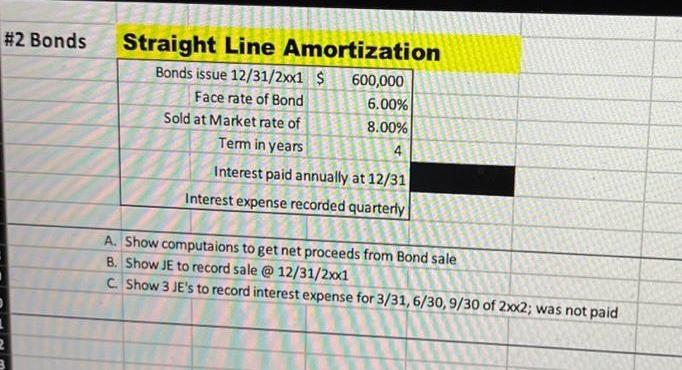 # 2 Bonds 2 Straight Line Amortization Bonds issue 12/31/2xx1 $ Face rate of Bond Sold at Market rate of Term