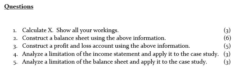 Questions 1. Calculate X. Show all your workings. 2. Construct a balance sheet using the above information.