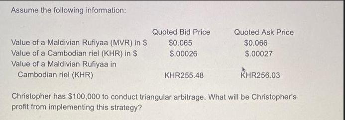 Assume the following information: Value of a Maldivian Rufiyaa (MVR) in $ Value of a Cambodian riel (KHR) in