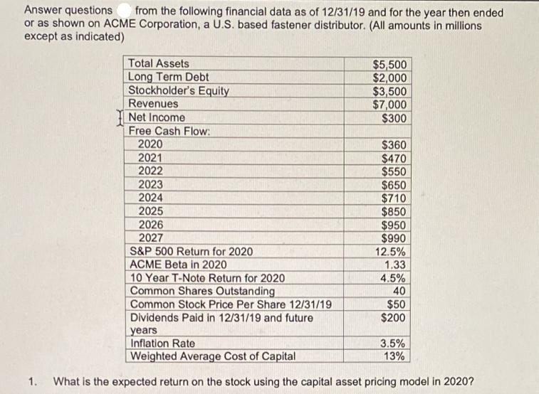 Answer questions from the following financial data as of 12/31/19 and for the year then ended or as shown on