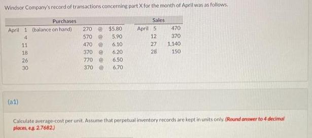 Windsor Company's record of transactions concerning part X for the month of April was as follows. Sales