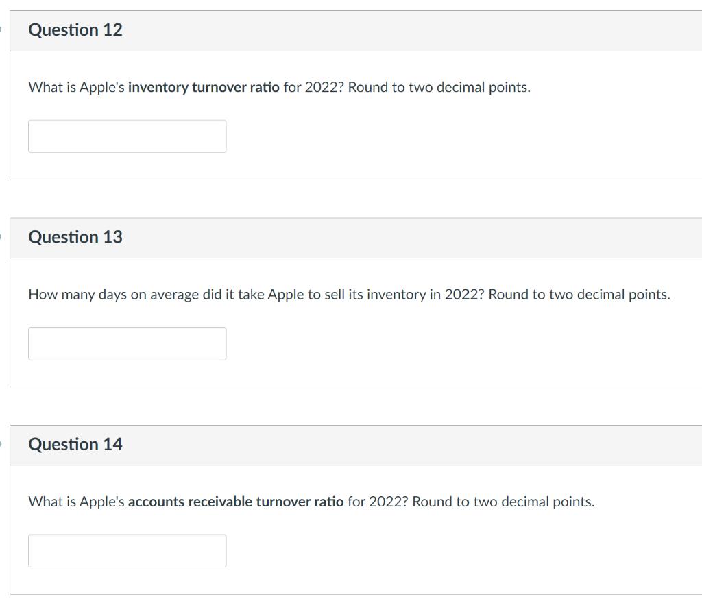 What is Apples inventory turnover ratio for 2022? Round to two decimal points. Question 13 How many days on average did it t