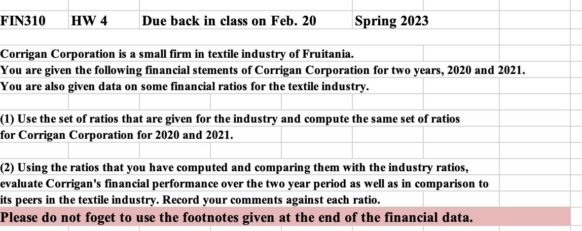 \begin{tabular}{l|l|l|l}  FIN310 & HW 4 & Due back in class on Feb. 20 & Spring 2023 \end{tabular} Corrigan Corporation is a