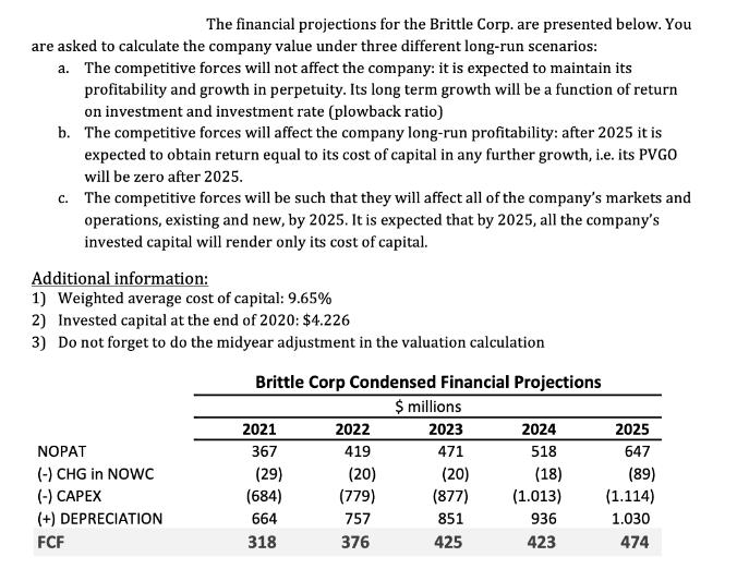 The financial projections for the Brittle Corp. are presented below. You are asked to calculate the company