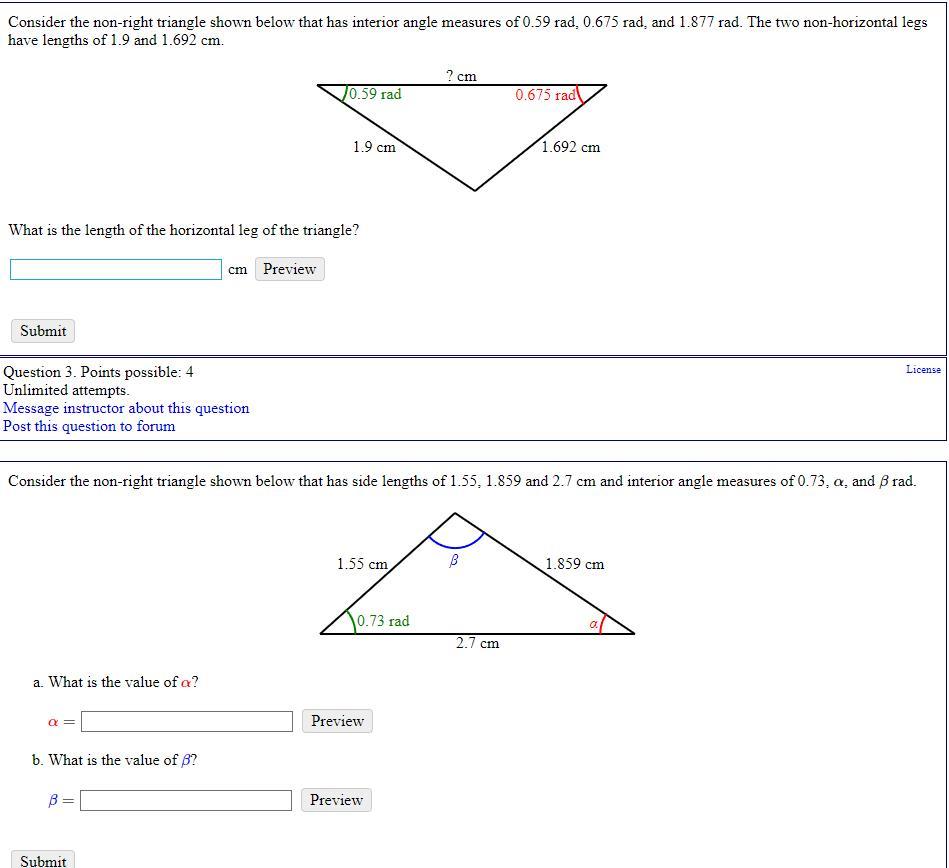 Consider the non-right triangle shown below that has interior angle measures of ( 0.59 mathrm{rad}, 0.675 mathrm{rad} ),