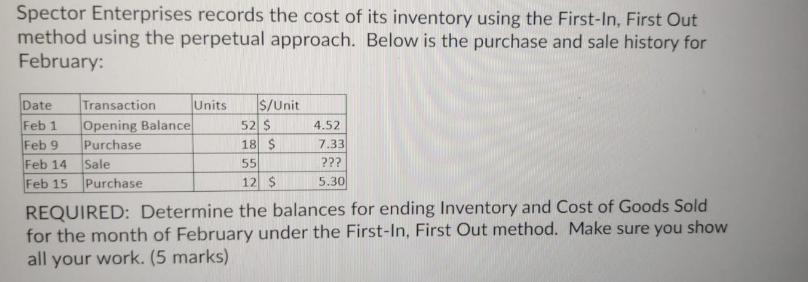 Spector Enterprises records the cost of its inventory using the First-In, First Out method using the