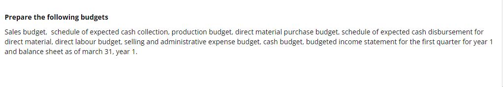 Prepare the following budgets Sales budget, schedule of expected cash collection, production budget, direct