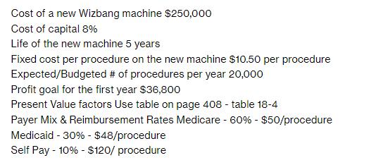 Cost of a new Wizbang machine $250,000 Cost of capital 8% Life of the new machine 5 years Fixed cost per