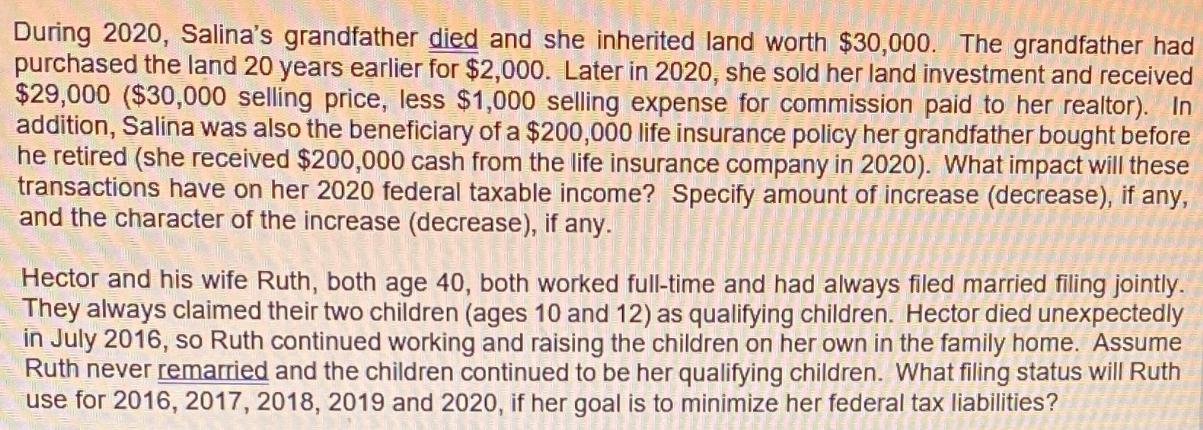 During 2020, Salina's grandfather died and she inherited land worth $30,000. The grandfather had purchased