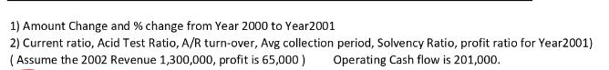 1) Amount Change and % change from Year 2000 to Year2001 2) Current ratio, Acid Test Ratio, A/R turn-over,