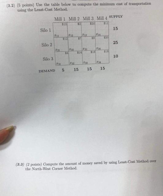 (3.2) (5 points) Use the table below to compute the minimum cost of transportation using the Least-Cost