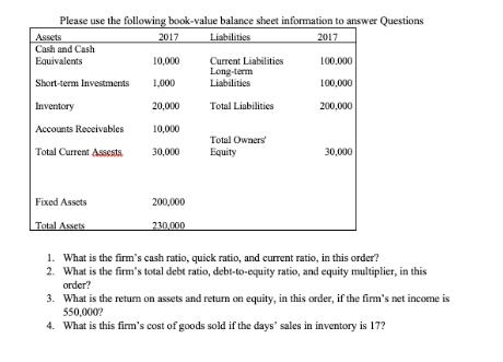 Please use the following book-value balance sheet information to answer Questions Liabilities 2017 Assets
