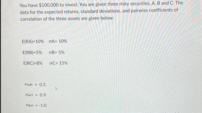 You have $100,000 to invest. You are given three risky securities, A, B and C. The data for the expected