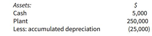 Assets: Cash Plant Less: accumulated depreciation $ 5,000 250,000 (25,000)