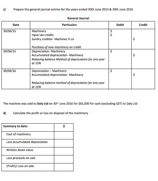 c) Prepare the general journal entries for the years ended 30th June 2015 & 30th June 2016 General Journal