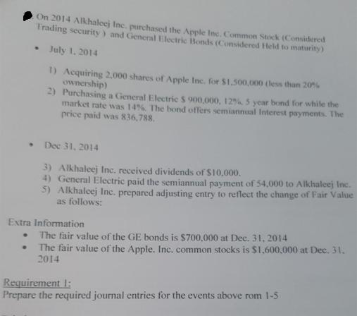 On 2014 Alkhaleej Inc. purchased the Apple Inc. Common Stock (Considered Trading security) and General