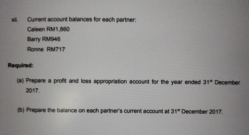 xii. Current account balances for each partner: Caleen RM1,860 Barry RM946 Ronne RM717 Required: (a) Prepare