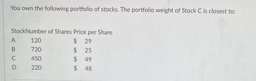 You own the following portfolio of stocks. The portfolio weight of Stock C is closest to: StockNumber of