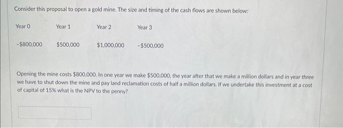 Consider this proposal to open a gold mine. The size and timing of the cash flows are shown below: Year 0