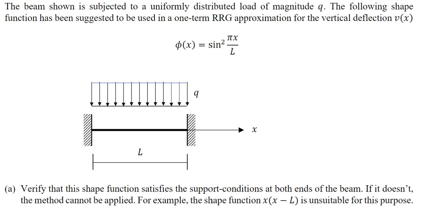 The beam shown is subjected to a uniformly distributed load of magnitude ( q ). The following shape function has been sugge