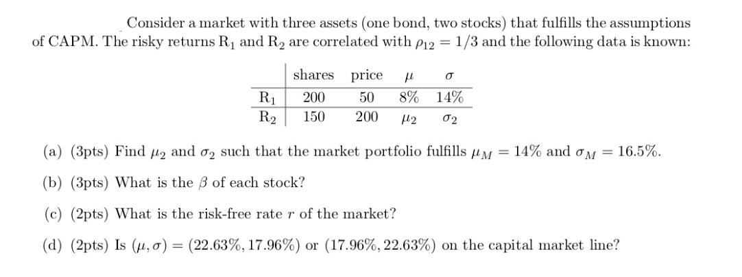 Consider a market with three assets (one bond, two stocks) that fulfills the assumptions of CAPM. The risky