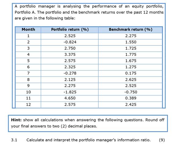 A portfolio manager is analysing the performance of an equity portfolio, Portfolio A. The portfolio and the