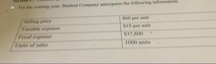 For the coming year, Student Company anticipates the following information: Selling price Variable expense