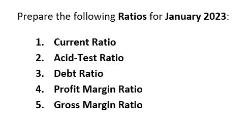 Prepare the following Ratios for January 2023: 1. Current Ratio 2. Acid-Test Ratio 3. Debt Ratio 4. Profit