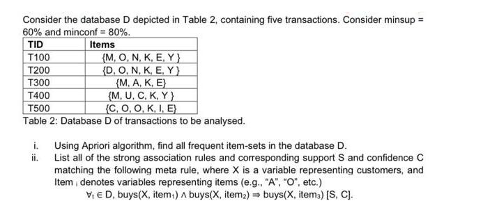 Consider the database D depicted in Table 2, containing five transactions. Consider minsup = 60% and minconf